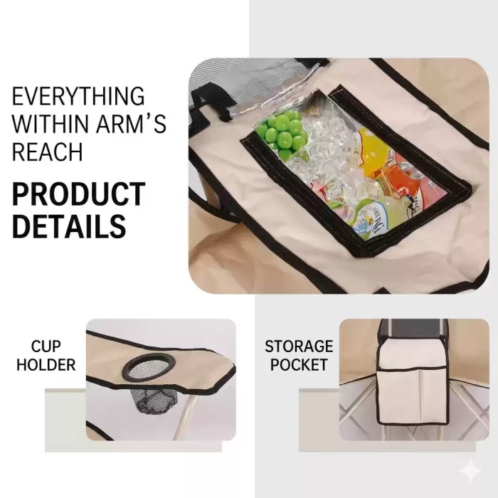 fjk-camping-gear-double-chair-product-details.webp Infographic diagram showcasing the built-in cooler pouch, cup holder, and storage pocket features of the FJK Camping Gear double chair