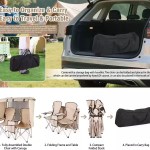 Infographic demonstrating the 4-step folding process and car trunk storage portability of the FJK Camping Gear double camping chair