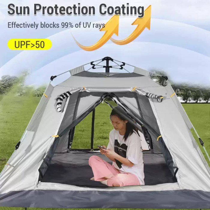 INSTANT POP UP WATERPROOF CAMPING TENT_2 Fully taped seams and a heavy-duty rainfly on a waterproof outdoor shelter designed for wet UK weather conditions.