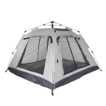 Dual-door pop-up camping tent with high-density mesh layers for insect protection and airflow during wilderness expeditions.