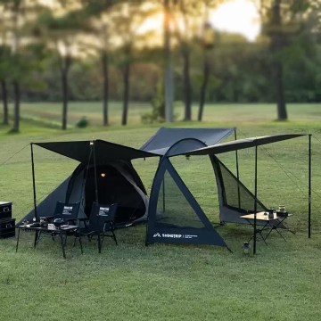 Large modular family camping tent with awning and outdoor seating, ideal for UK campsite use