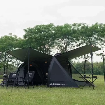 Spacious family camping tent with wide awning and seating area for UK campsite trips