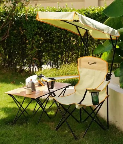 Outdoor camping folding chair with sunshade.