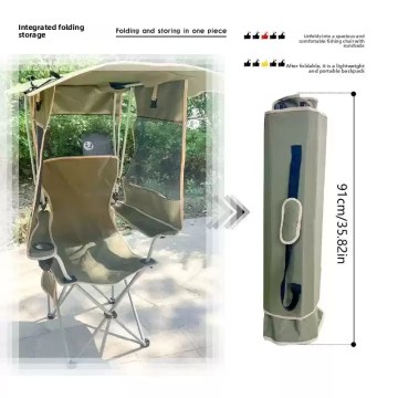 Foldable camping chair with sun canopy, packs into compact carry bag
