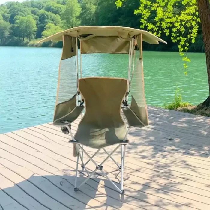 Outdoor folding chair with sunshade for camping.