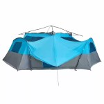 Tall, walk-in central living zone in an oversized family tent with plenty of room for camping tables and chairs.