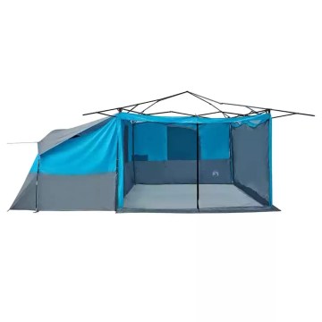 Large panoramic windows and mesh vents on a family tunnel tent for bright, airy campsite living.