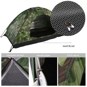 Camouflage camping tent with mesh fly net, air vents and smooth zip, ideal for UK outdoor use