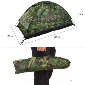 Compact camouflage camping tent with carry bag, lightweight size ideal for UK camping trips