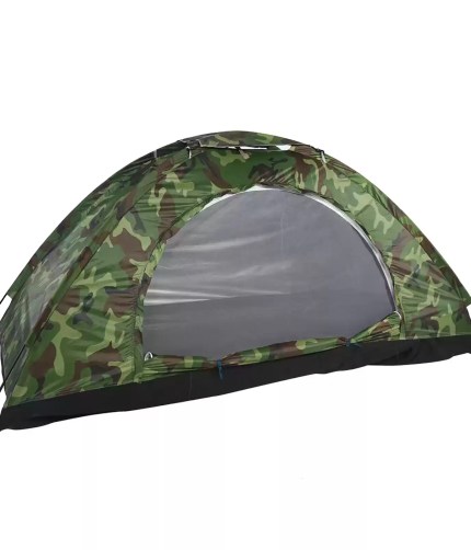 An outdoor camouflage UV protection tent pitched among green forest bushes.