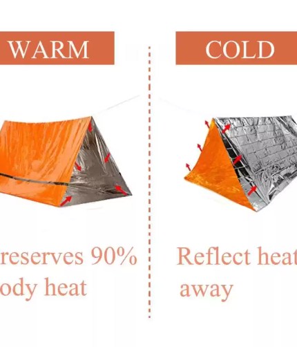 Close-up of the reflective mylar tube tent material reflecting heat back to the user.