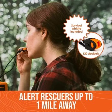 Survival whistle included with emergency kit, alerting rescuers up to 1 mile away