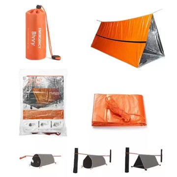 Emergency bivvy tent kit with shelter, carry bag and accessories for outdoor survival