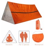 A 2 person emergency shelter bivy survival tent kit set up in a snowy forest for heat retention.