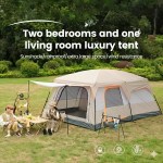 A massive 2-room family camping tent set up in a forest clearing for a large group.