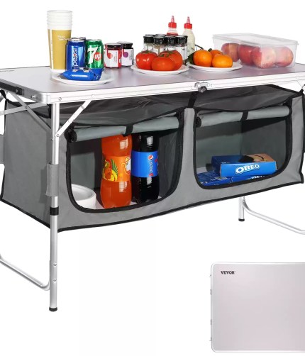 SucceBuy camping kitchen table with quick set-up folding frame.