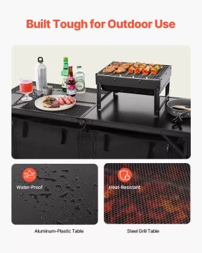 Durable outdoor camping table with grill, waterproof surface and heat-resistant steel top