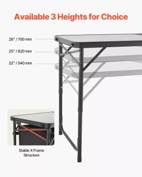 Folding camping table with three adjustable height settings and stable X-frame design