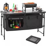 SucceBuy aluminum camping kitchen table for outdoor cooking.