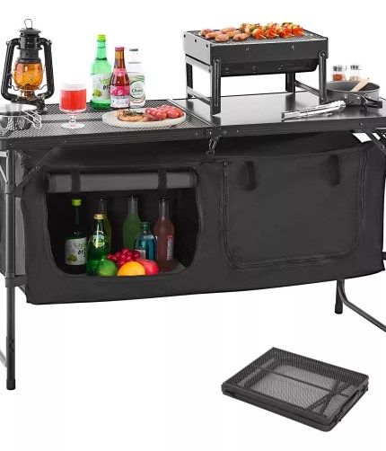 SucceBuy aluminum camping kitchen table for outdoor cooking.