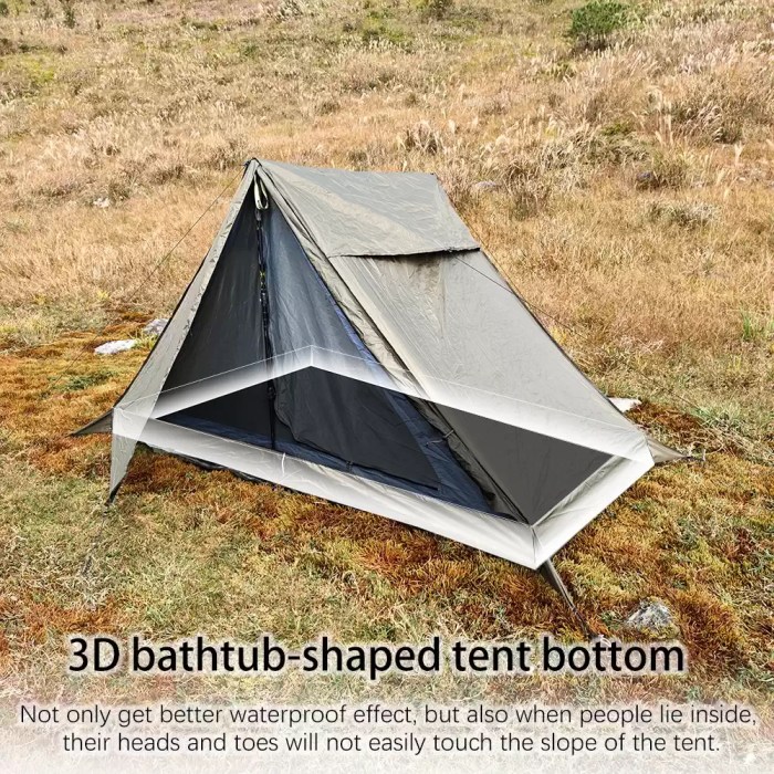 Single Person Ultralight Backpacking Tent_1 Interior view showing a sleeping bag inside the single-person freestanding tent.