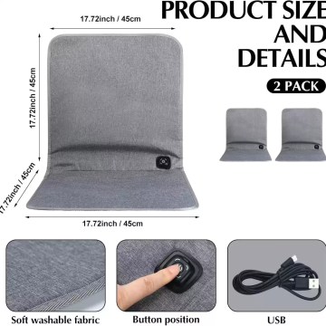 Heated camping chair pad size details with USB power, washable fabric and easy control button