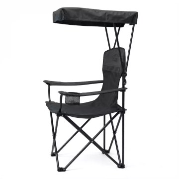 A side-by-side view showing the black canopy camping chair fully open, folded flat from the side, and packed neatly inside its compact black shoulder carry bag.