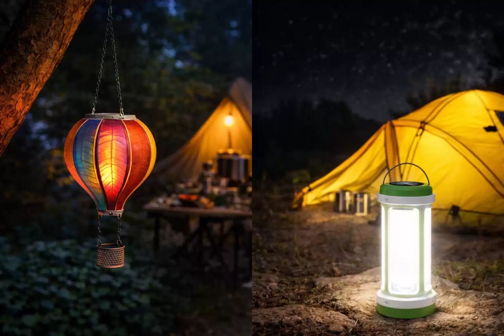 Decorative hanging camping lantern and LED camping light illuminating tents at night, ideal outdoor lighting for camping, tents, and campsite use.