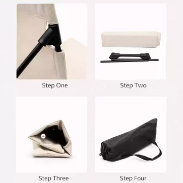 Camping chair assembly steps showing folding, frame setup, and storage bag