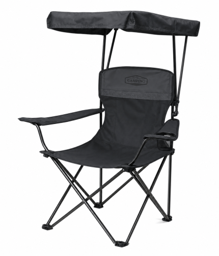 Foldable camping chair with integrated sun shade canopy black color