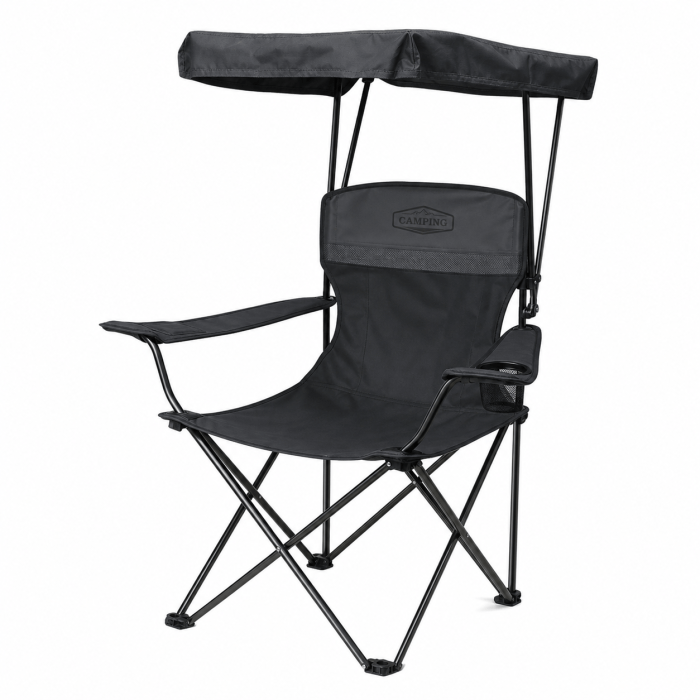 Foldable camping chair with integrated sun shade canopy black color