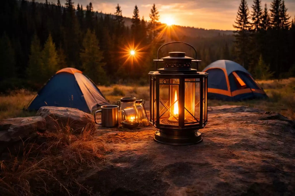 Camping lantern providing warm light at a campsite with tents at sunset, ideal outdoor lighting for camping, hiking, and tent use.