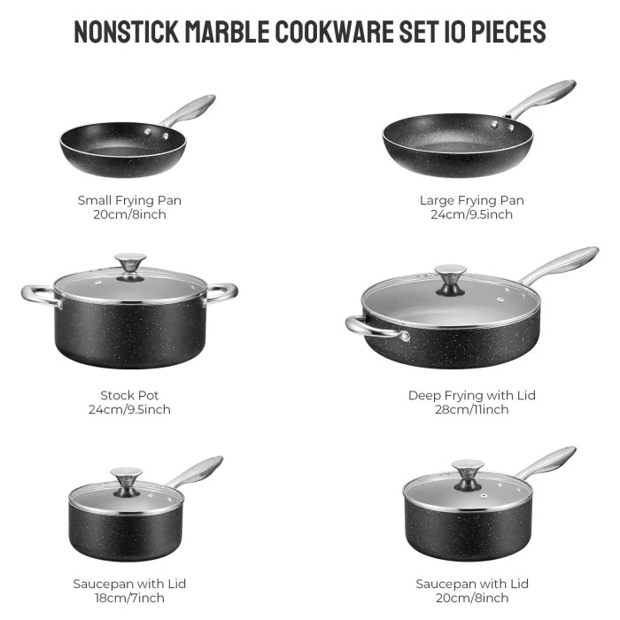 10PCS NONSTICK POTS AND PANS SET_4 Professional marble-effect outdoor cookset for UK campers, compatible with induction and gas camping stoves.