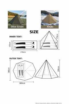 2–4 person tipi tent size guide with inner tent measurements and 380cm outer diameter