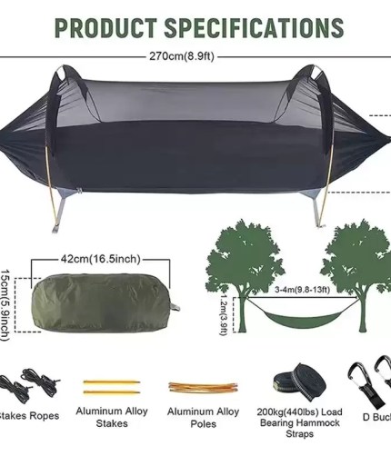 Protective waterproof rainfly cover for hammock tree tent during UK rain.