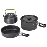 Essential 3-piece outdoor camping cookware set including a pot, pan, and kettle for UK caravan trips.
