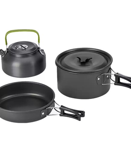 Essential 3-piece outdoor camping cookware set including a pot, pan, and kettle for UK caravan trips.