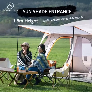 4–6 person family camping tent with sun shade entrance and outdoor living space