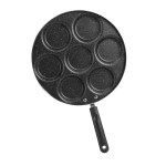 Person using the multi-hole pan to cook several uniform fried eggs at once
