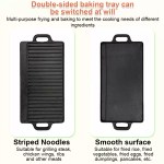 Ribbed campsite griddle pan for authentic BBQ-style marks on meat while cooking on portable gas burners