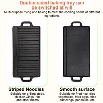Ribbed UK campsite griddle pan for authentic BBQ-style marks on meat while cooking on portable gas burners