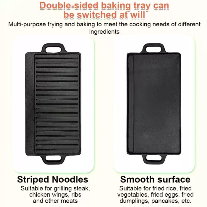 Ribbed campsite griddle pan for authentic BBQ-style marks on meat while cooking on portable gas burners