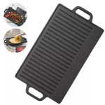 Cast iron double-sided camping grill pan for professional searing on UK caravan gas hobs.