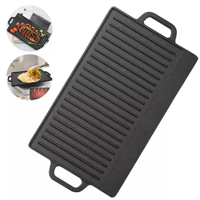 Cast iron double-sided camping grill pan for professional searing on UK caravan gas hobs.