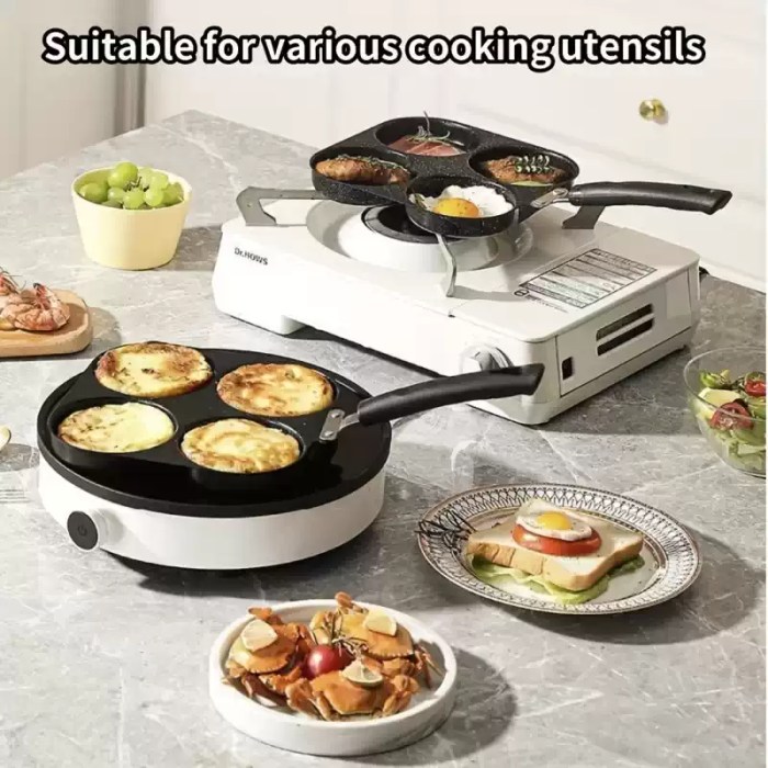 CAST IRON MULTI-BURNER PAN - NON-STICK EGG_3 Multi-functional 4-cup pans for UK campers to cook multiple items on compact burners.