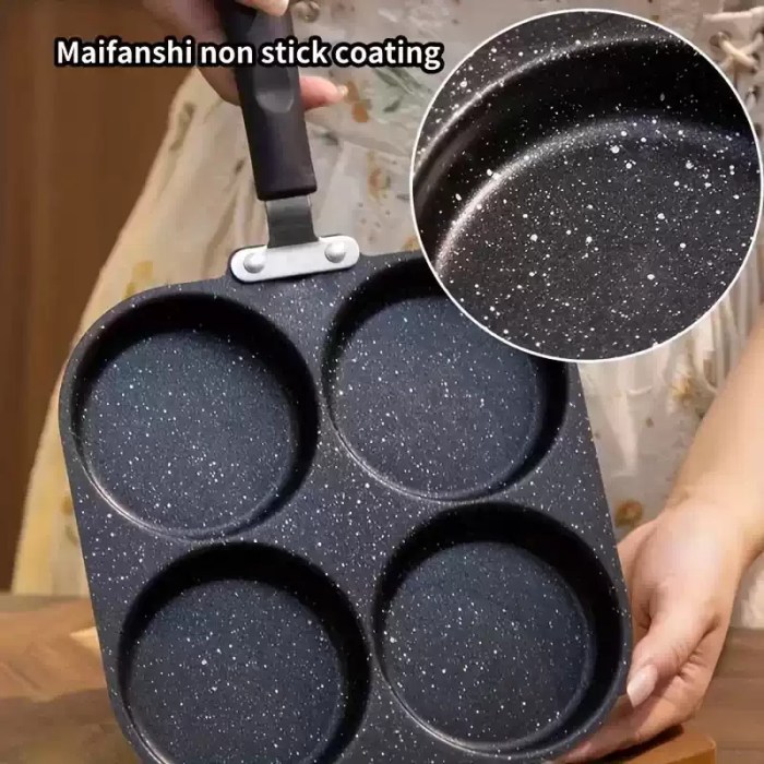 CAST IRON MULTI-BURNER PAN - NON-STICK EGG_4 Rugged non-stick 4-cup coating for UK outdoor cooking, easy to clean at campsites.