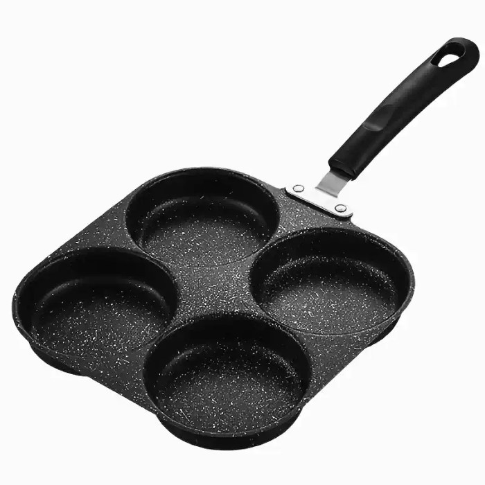 CAST IRON MULTI-BURNER PAN - NON-STICK EGG_5 Specialized 4-cup camping frying pan designed for stability on portable outdoor cooking equipment.