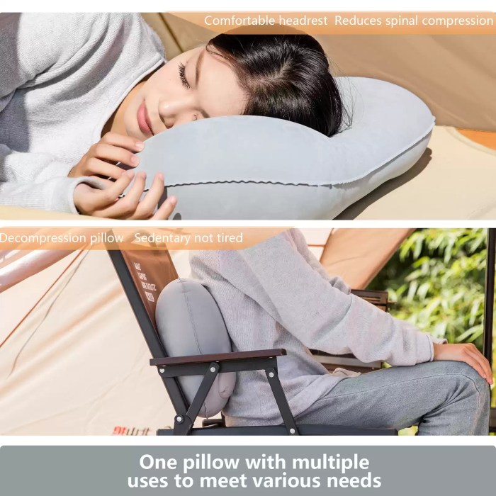 FJK CAMPING GEAR INFLATABLE HIKING PILLOW_4 FJK Camping Gear hiking pillow being inflated at a scenic campsite.