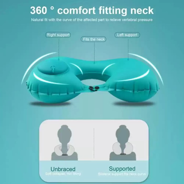 FJK CAMPING GEAR INFLATABLE TRAVEL PILLOW_4 FJK Camping Gear inflatable neck support used on an airplane seat.