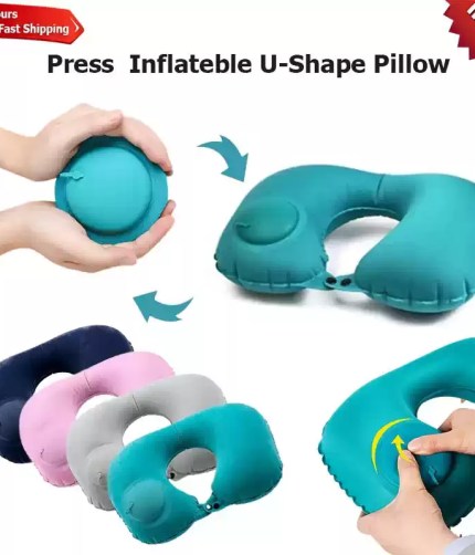 FJK Camping Gear press-inflatable U-shape travel pillow in blue.